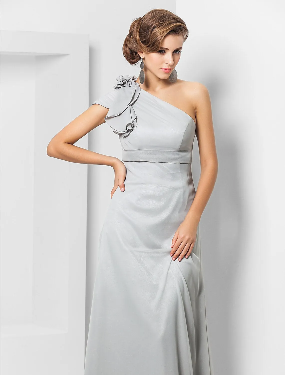 Sheath / Column Elegant Dress Wedding Guest Formal Evening Floor Length Sleeveless One Shoulder Bridesmaid Dress Chiffon with Sash / Ribbon Appliques