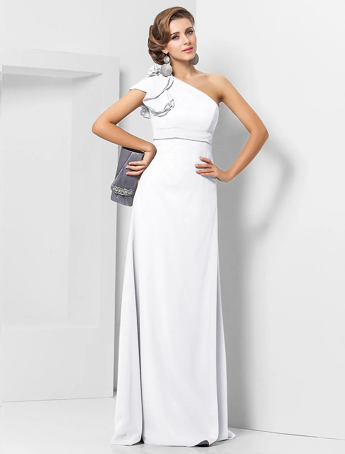 Sheath / Column Elegant Dress Wedding Guest Formal Evening Floor Length Sleeveless One Shoulder Bridesmaid Dress Chiffon with Sash / Ribbon Appliques