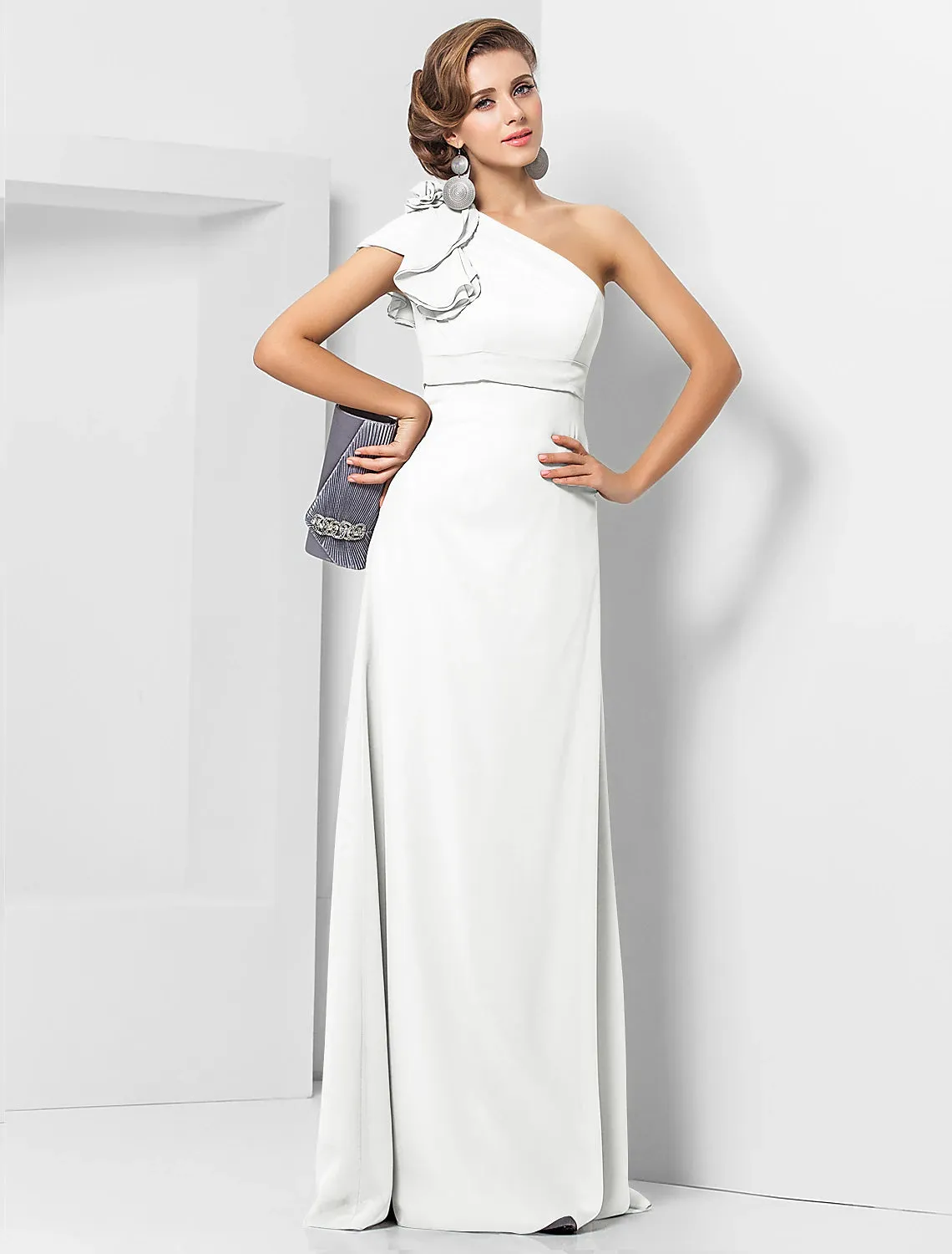 Sheath / Column Elegant Dress Wedding Guest Formal Evening Floor Length Sleeveless One Shoulder Bridesmaid Dress Chiffon with Sash / Ribbon Appliques