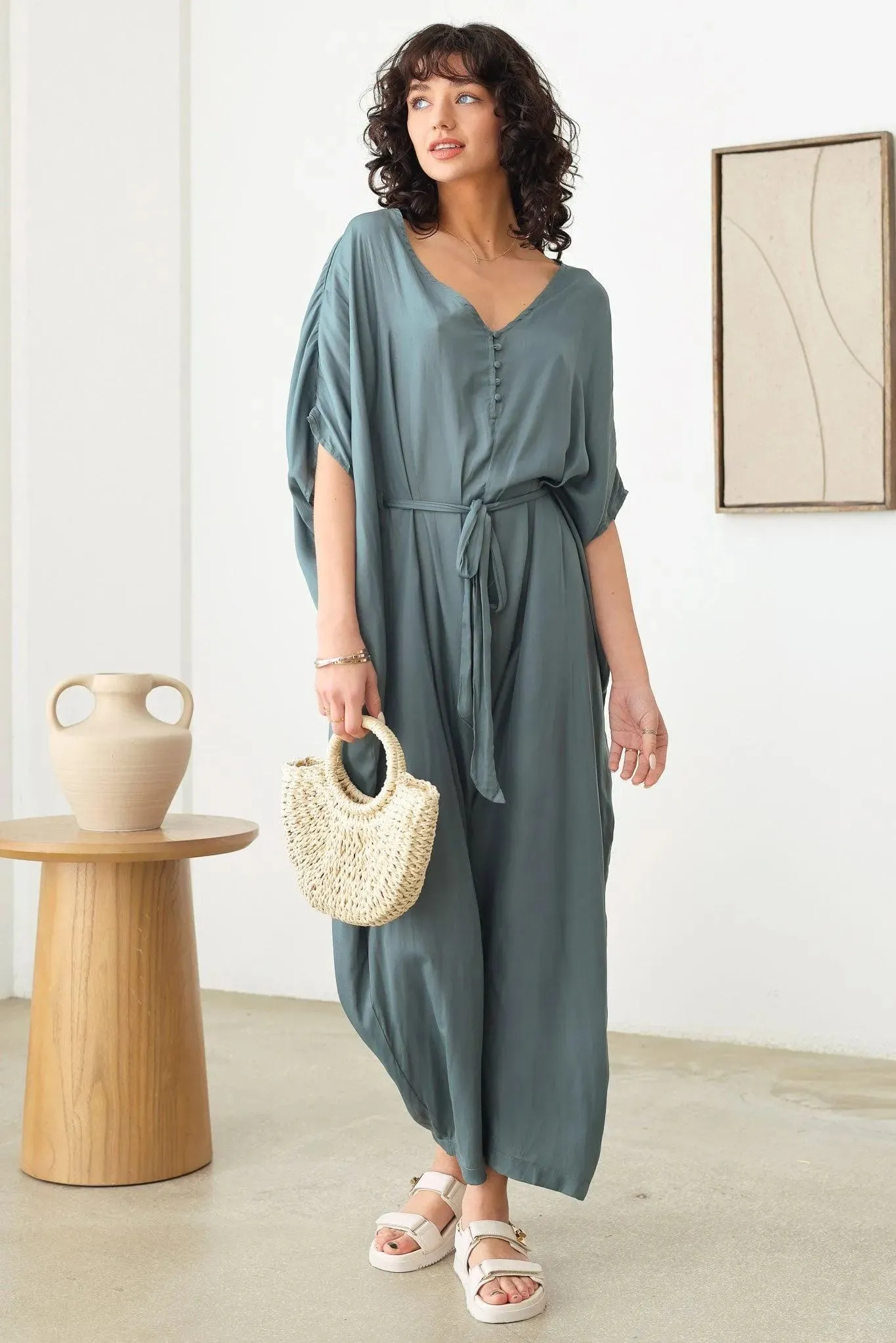 Silk Short Sleeve V-Neck Button Up Draped Jumpsuit