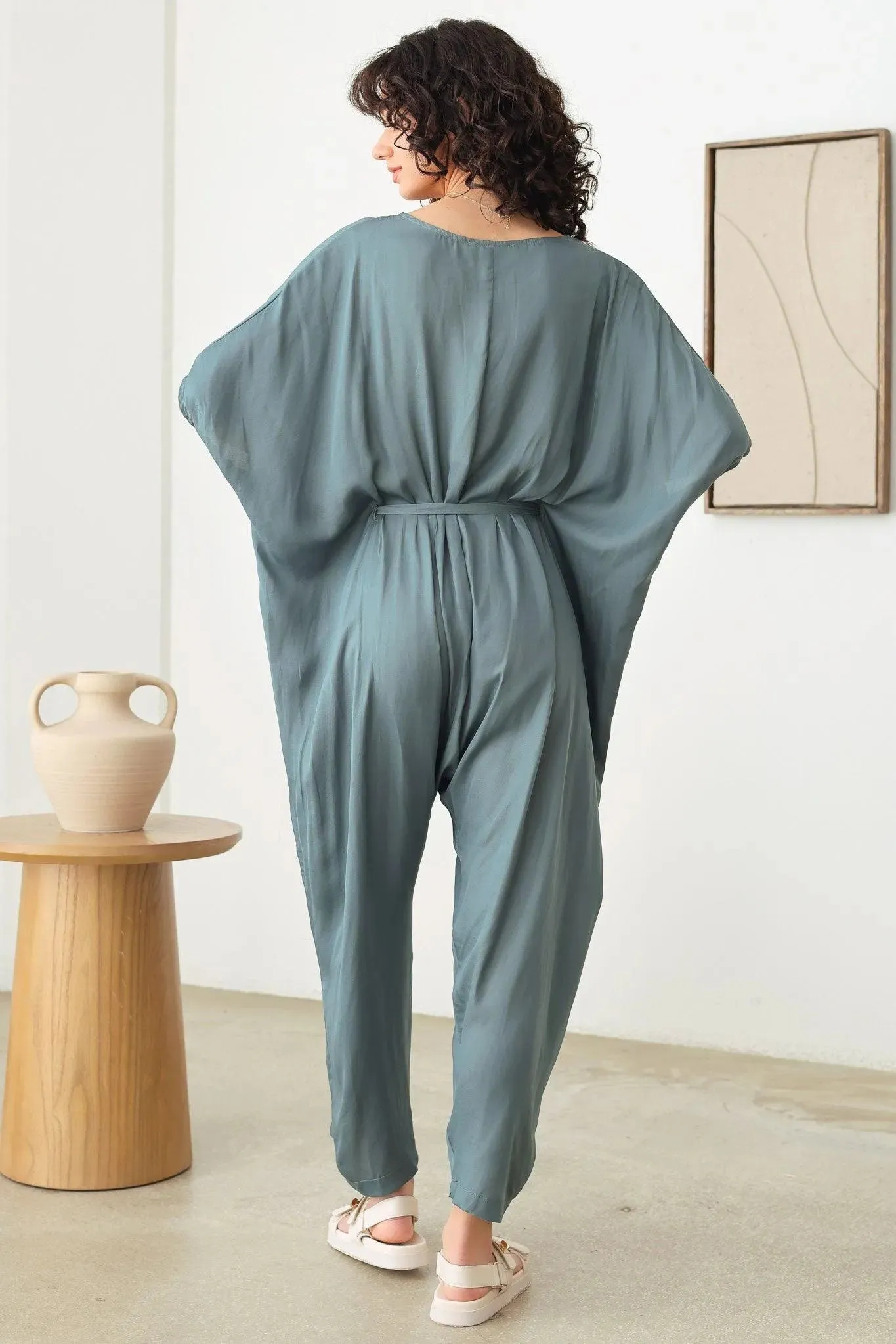 Silk Short Sleeve V-Neck Button Up Draped Jumpsuit
