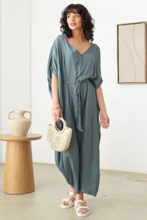 Silk Short Sleeve V-Neck Button Up Draped Jumpsuit