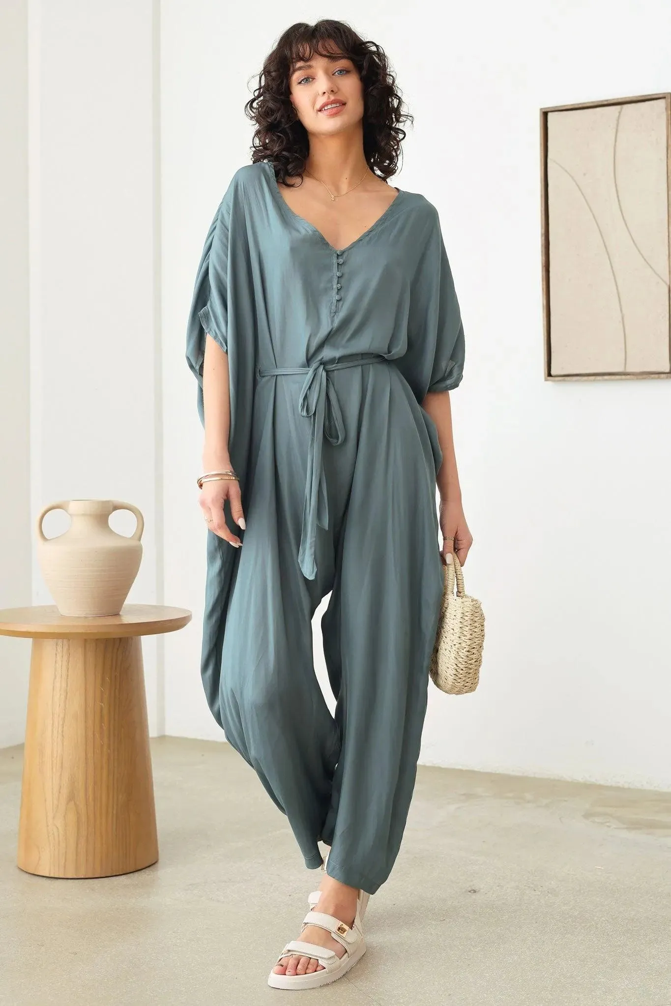 Silk Short Sleeve V-Neck Button Up Draped Jumpsuit
