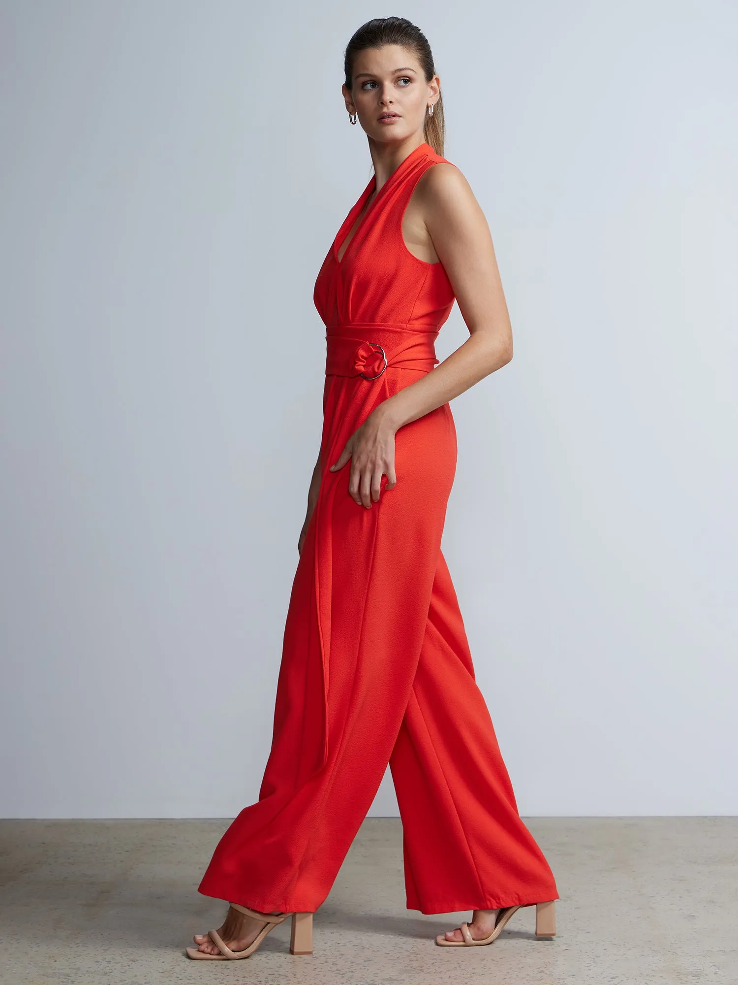 Sleeveless V-Neck Belted Jumpsuit