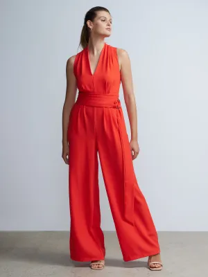 Sleeveless V-Neck Belted Jumpsuit