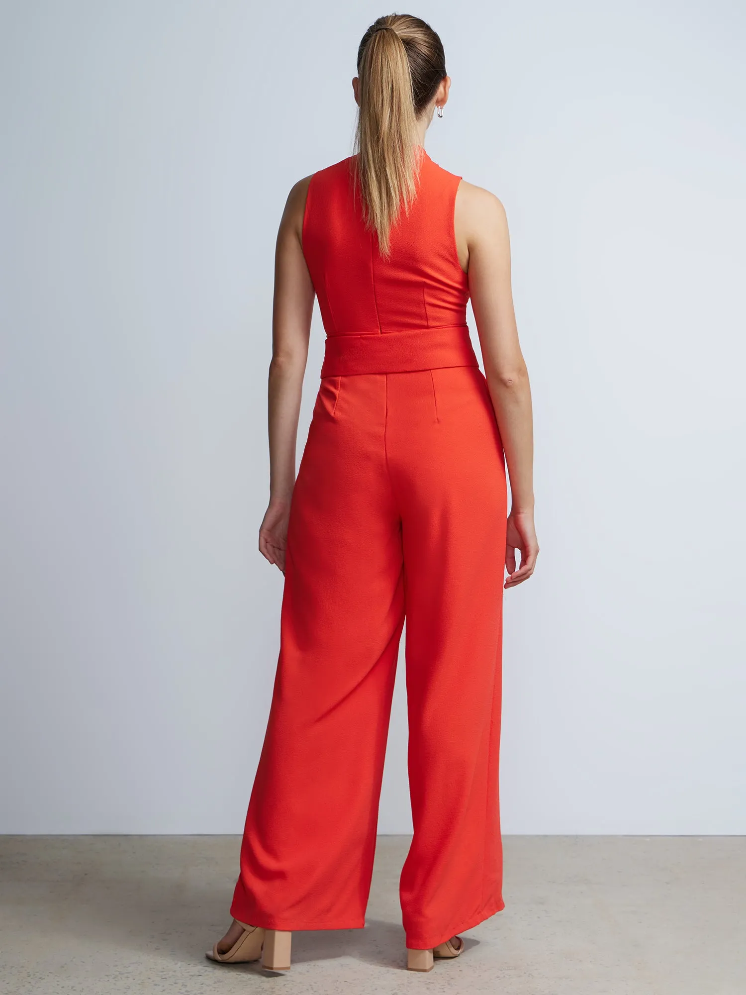 Sleeveless V-Neck Belted Jumpsuit