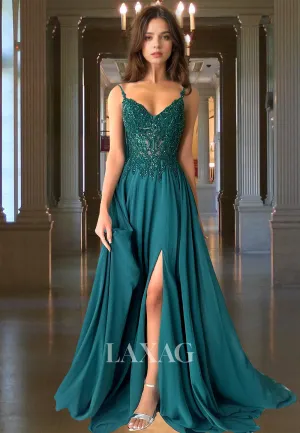 Spaghetti Straps V-Neck Sleeveless A-Line Prom Dress Off-Shoulder Beaded Applique Chiffon Formal Gowns