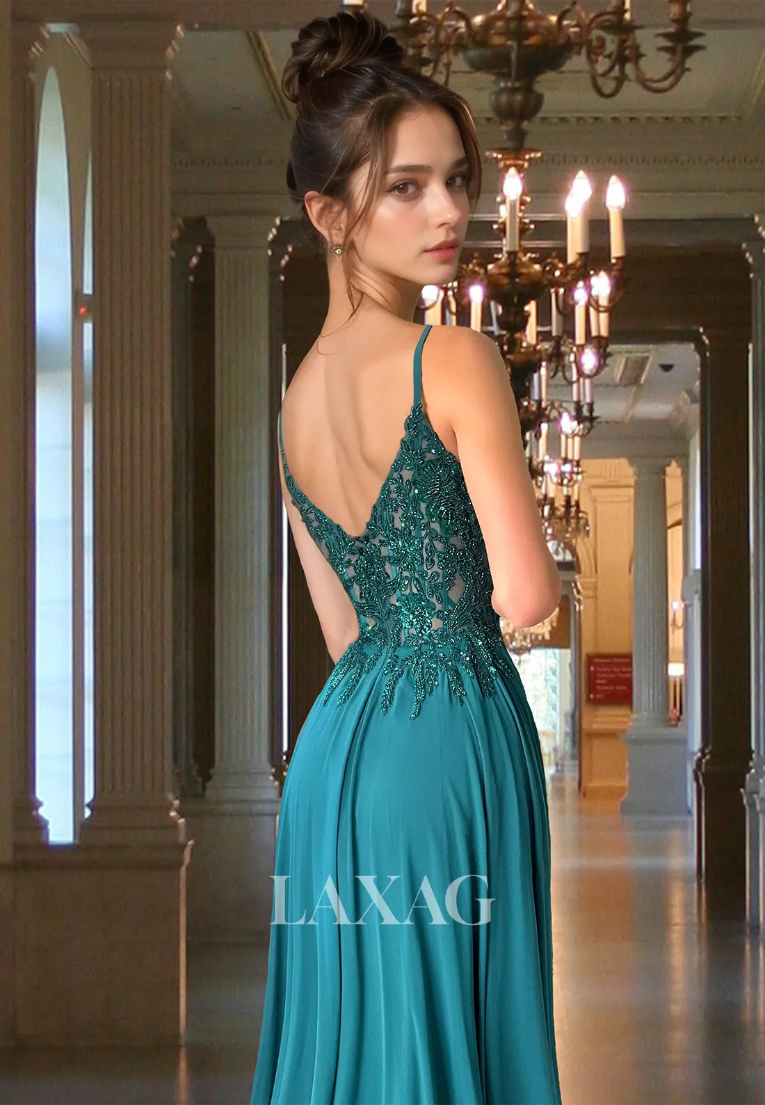 Spaghetti Straps V-Neck Sleeveless A-Line Prom Dress Off-Shoulder Beaded Applique Chiffon Formal Gowns