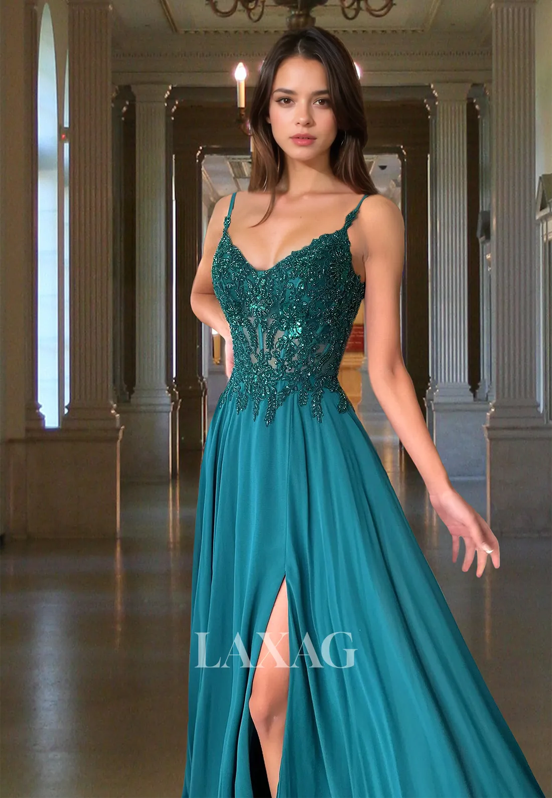 Spaghetti Straps V-Neck Sleeveless A-Line Prom Dress Off-Shoulder Beaded Applique Chiffon Formal Gowns