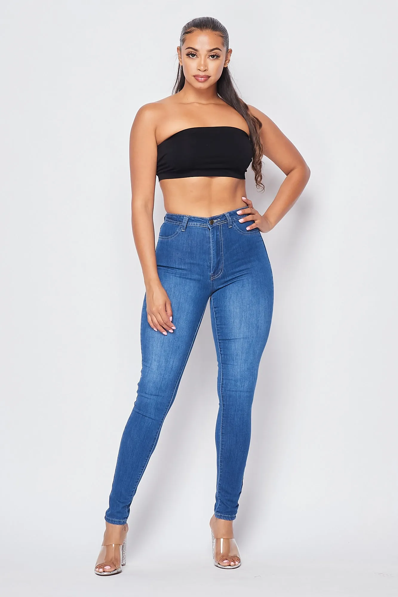Super High Waisted Denim Skinny Jeans - Medium