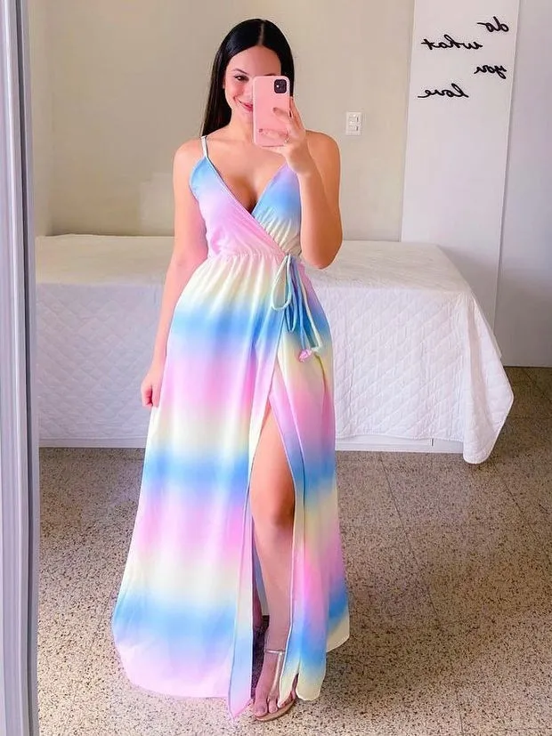 TastyHottie - Printing Slit Sexy Button Waist Rainbow Maxi Dress