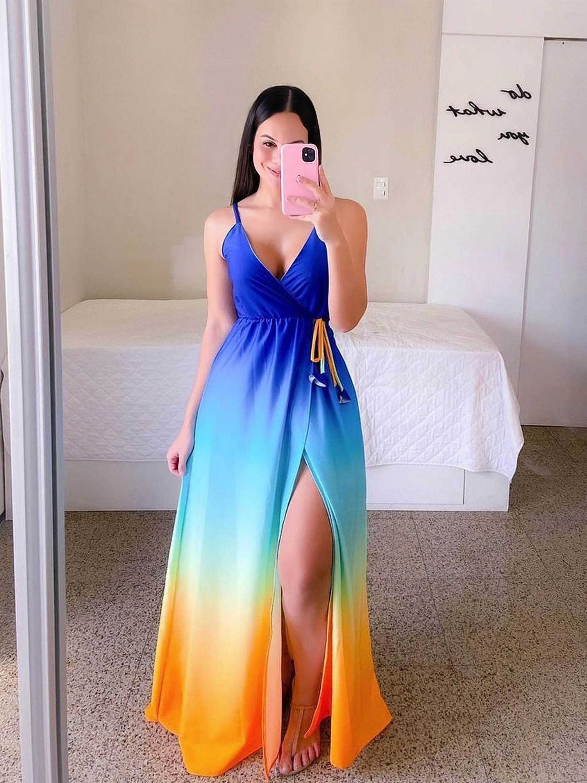 TastyHottie - Printing Slit Sexy Button Waist Rainbow Maxi Dress