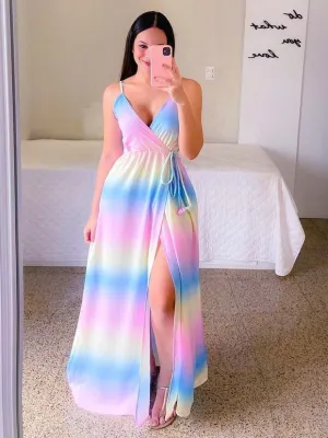 TastyHottie - Printing Slit Sexy Button Waist Rainbow Maxi Dress