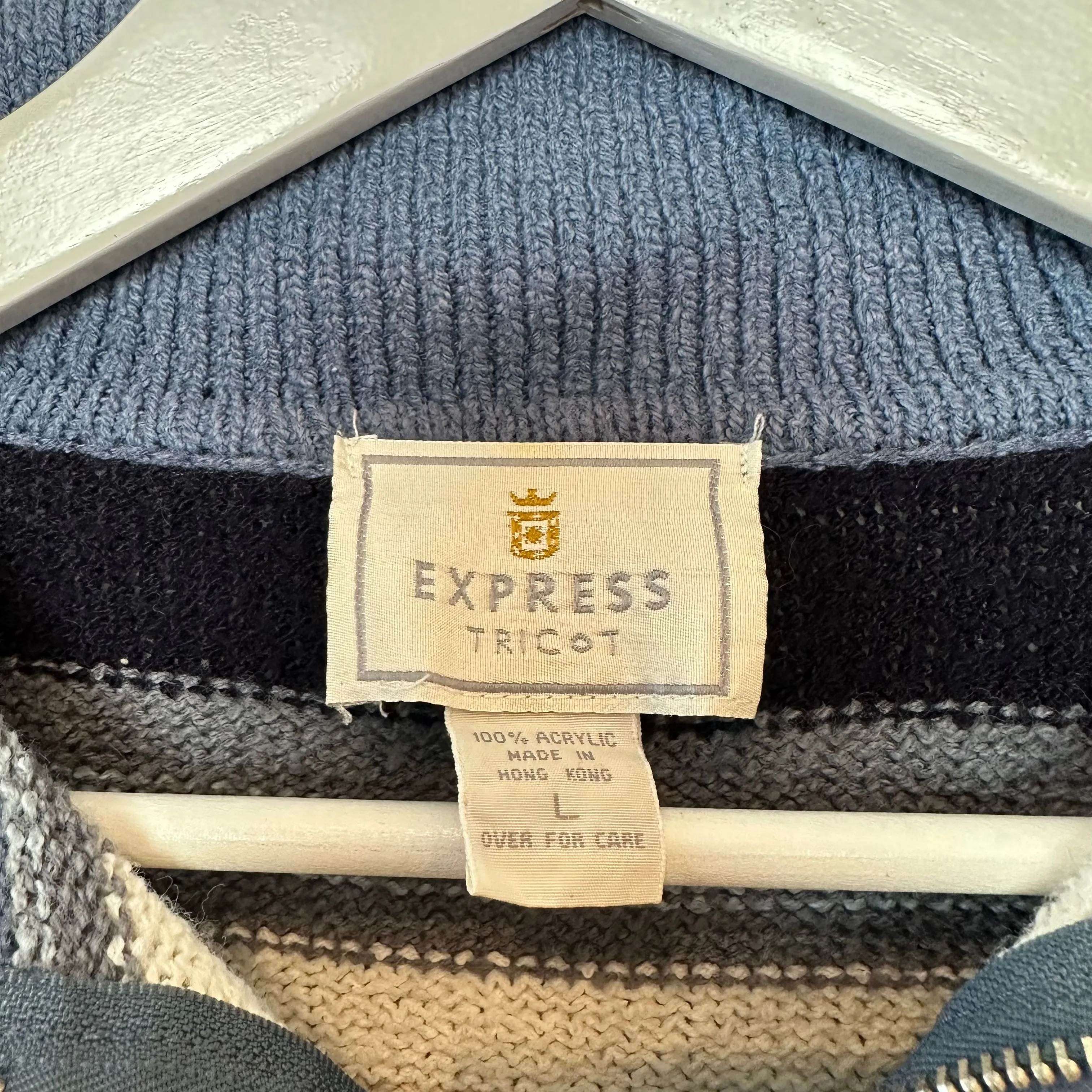 Vintage 90s Express Tricot Collared Sweater Pullover Striped Chunky Knit Large