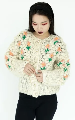 VINTAGE Hand Knit Floral Chunky Puff Sleeve Cardigan