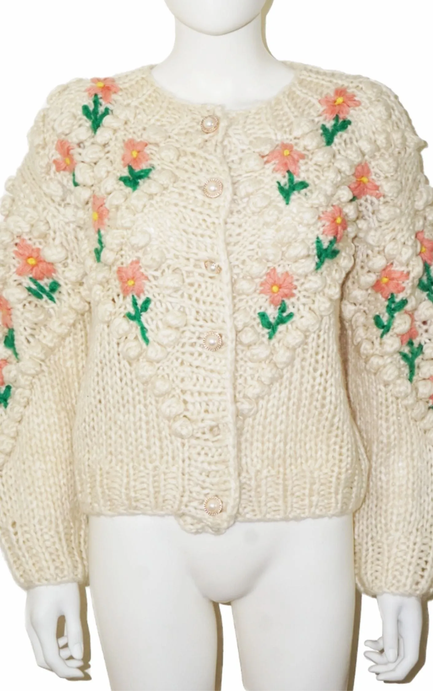 VINTAGE Hand Knit Floral Chunky Puff Sleeve Cardigan