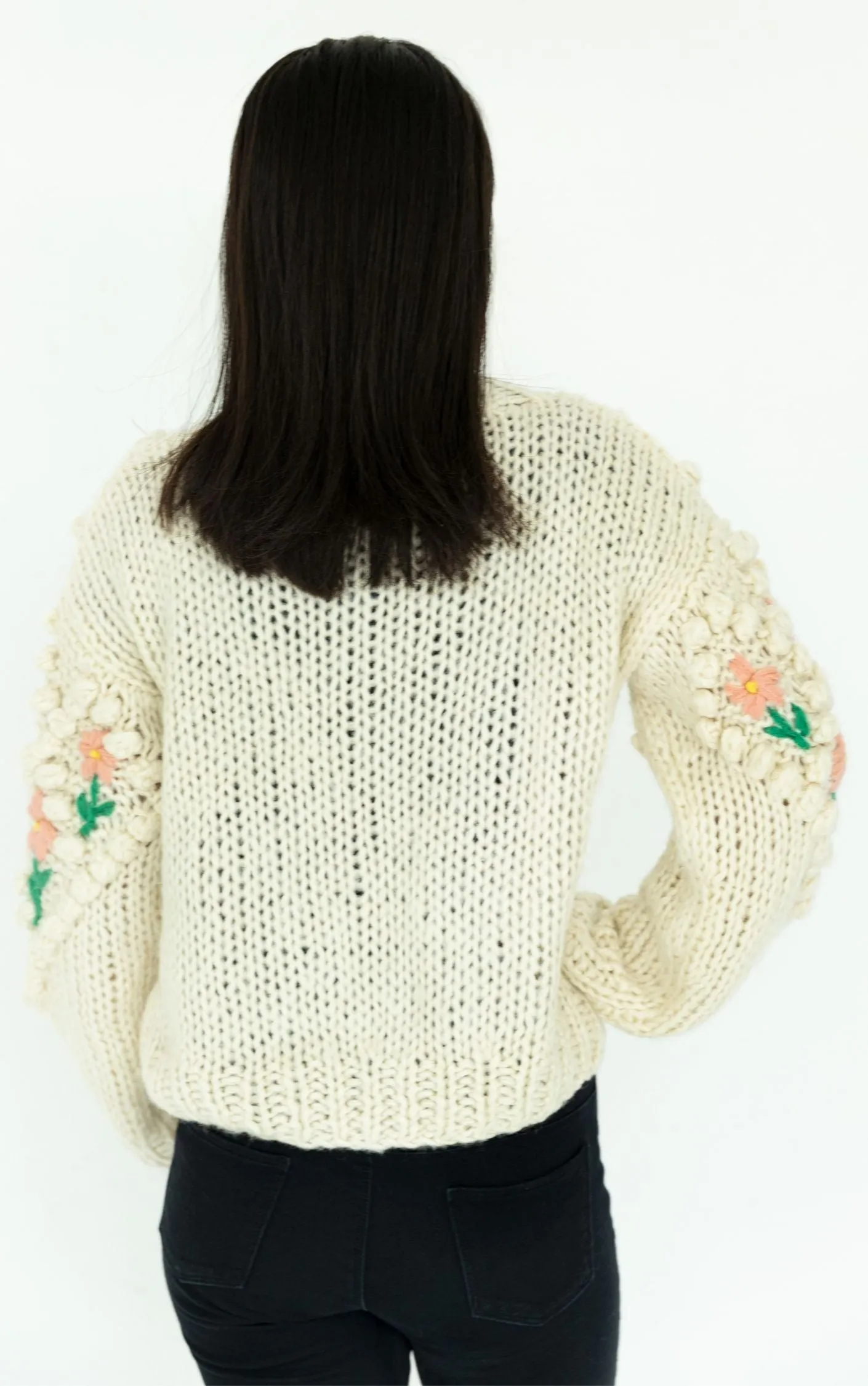 VINTAGE Hand Knit Floral Chunky Puff Sleeve Cardigan