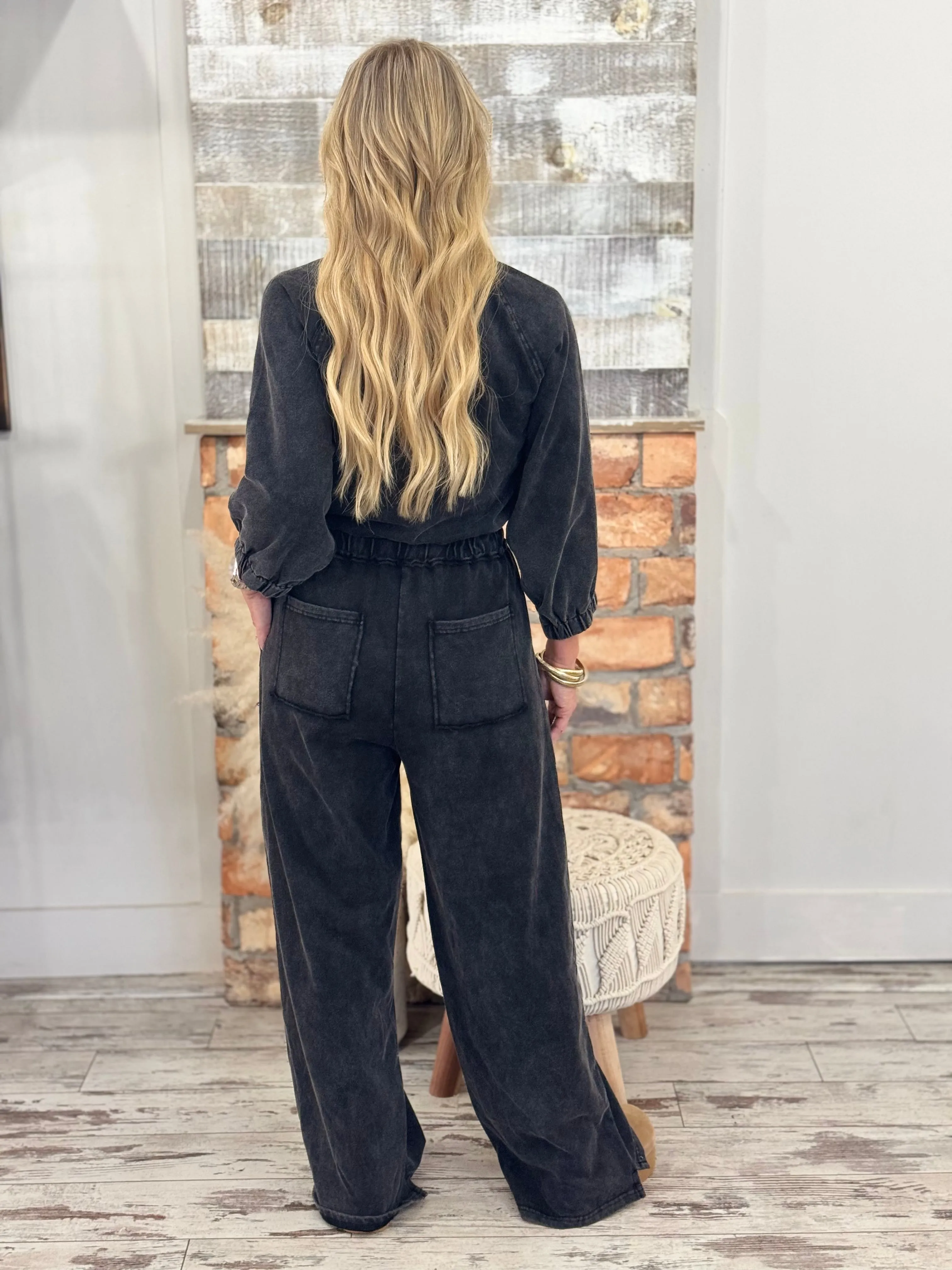 Washed Wide Leg Jumpsuit in Black