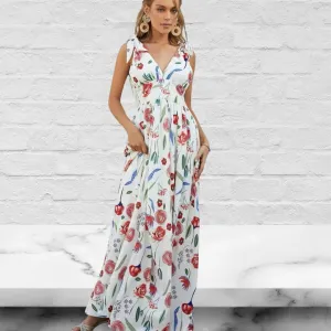 White Floral Printed Deep V Neck Sleeveless Maxi Dress