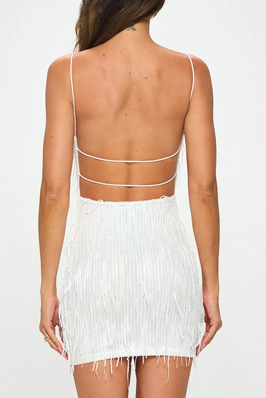 White Fringe Sequin Bar Back Mini Dress