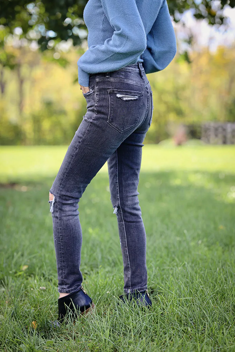 Wild Side Mid Rise Distressed Skinny Jeans- Mineral Black