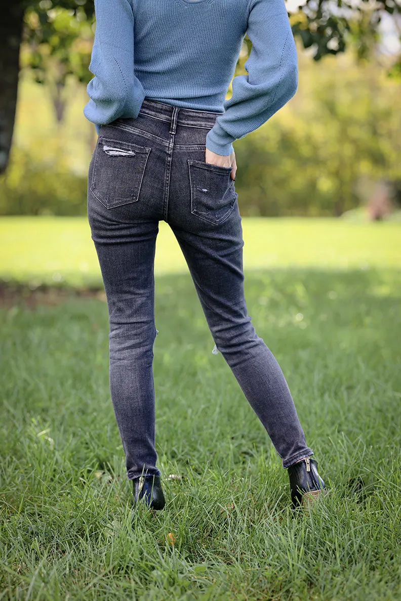 Wild Side Mid Rise Distressed Skinny Jeans- Mineral Black
