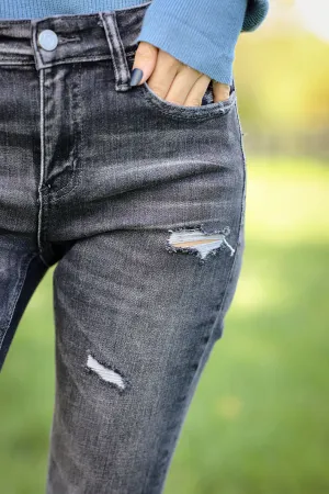 Wild Side Mid Rise Distressed Skinny Jeans- Mineral Black