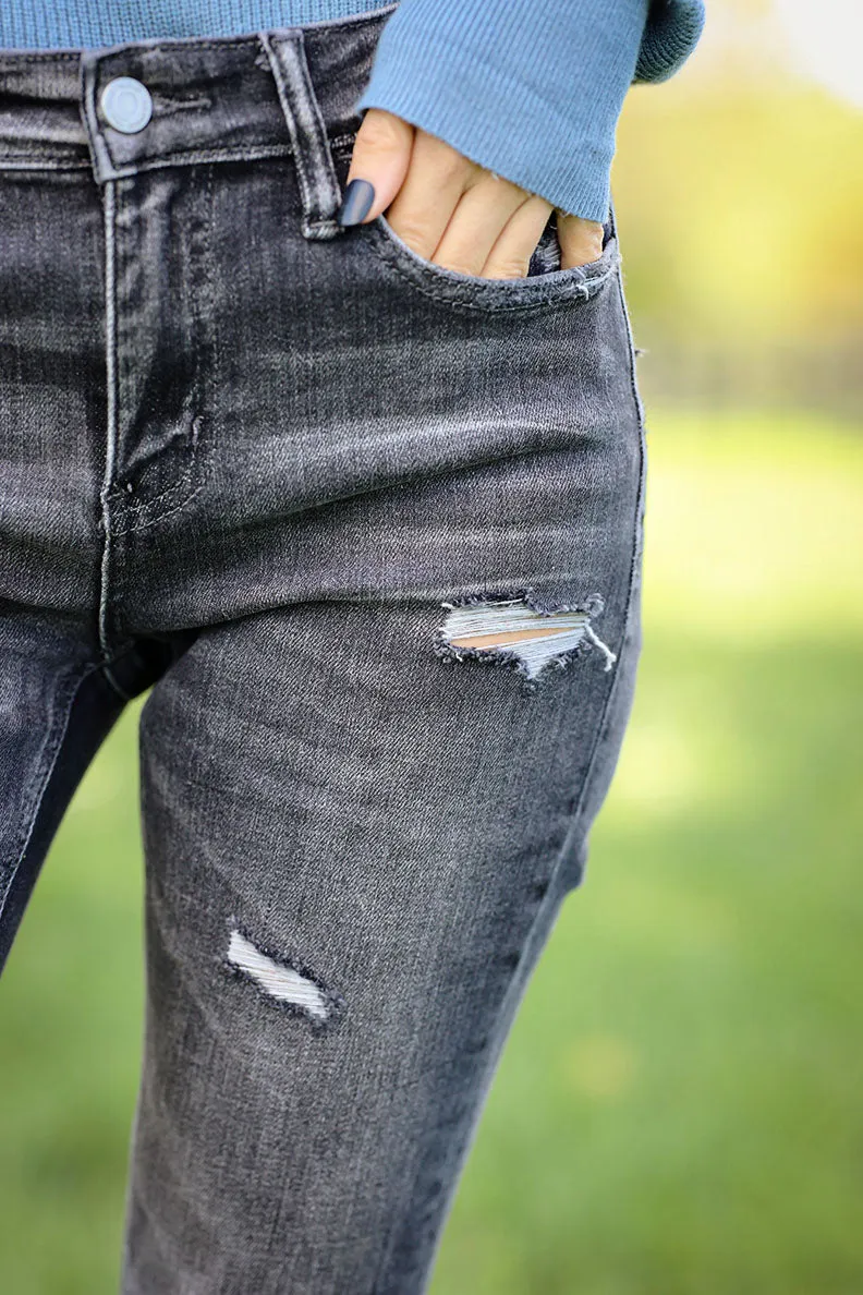 Wild Side Mid Rise Distressed Skinny Jeans- Mineral Black