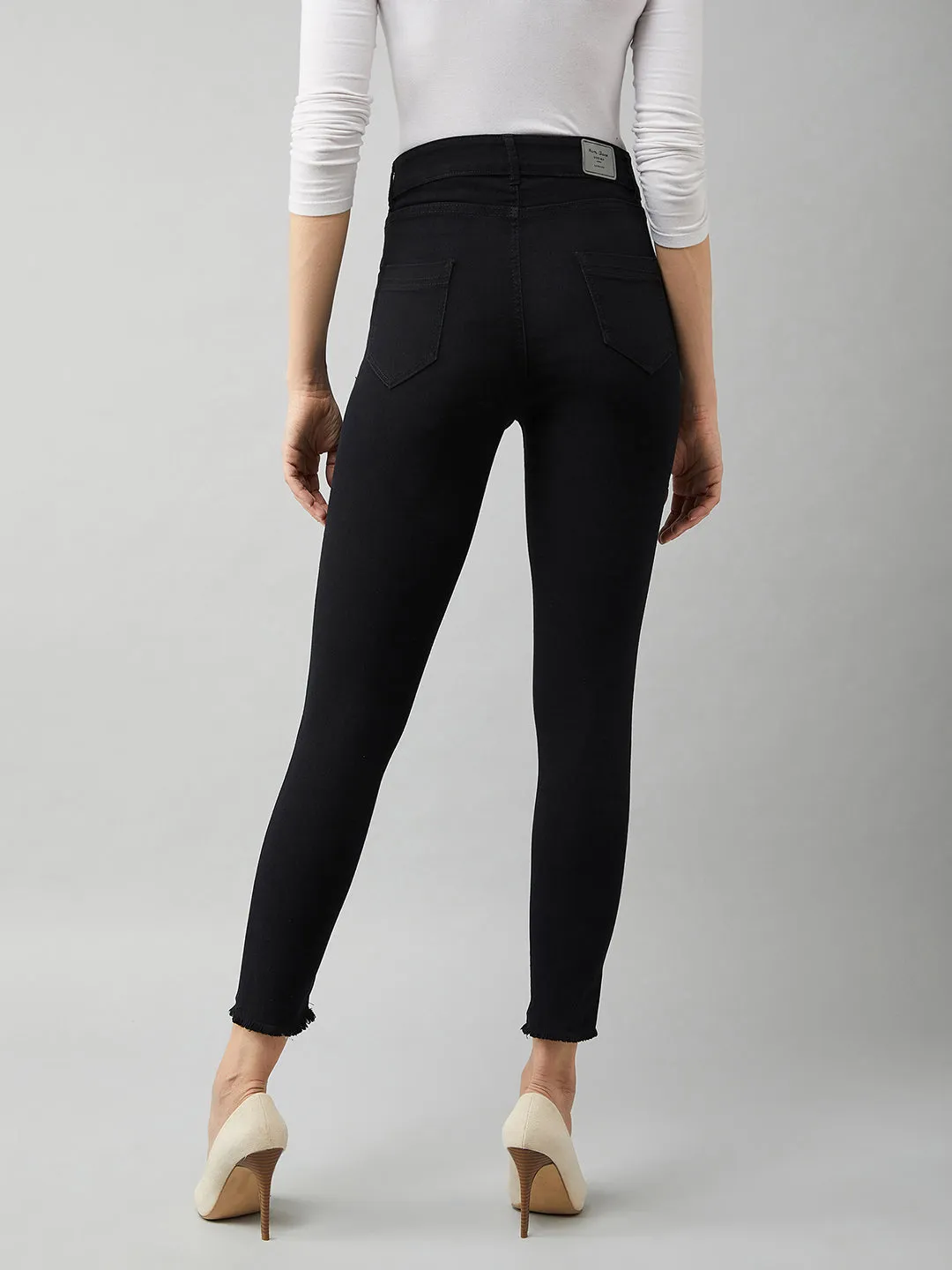 Women's Black Cotton Skinny Fit Cropped High Rise Stretchable Denim Jeans