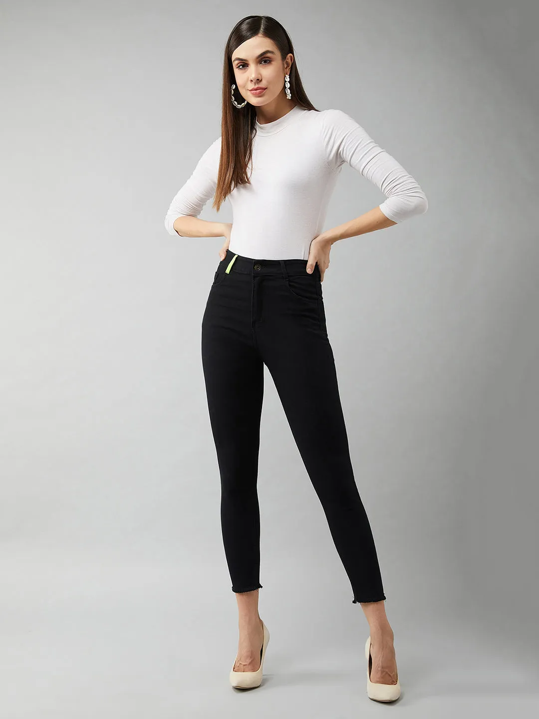 Women's Black Cotton Skinny Fit Cropped High Rise Stretchable Denim Jeans