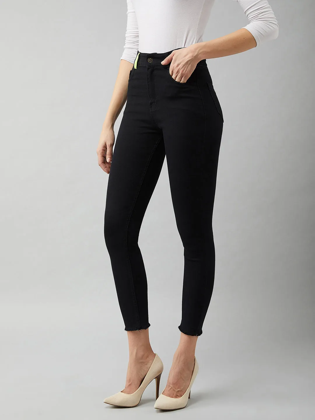 Women's Black Cotton Skinny Fit Cropped High Rise Stretchable Denim Jeans