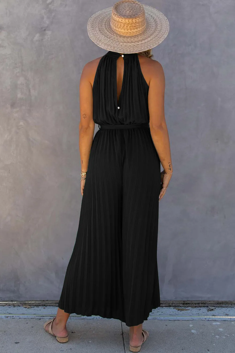 Women's Halter Neck Pleated Wide Leg Jumpsuit