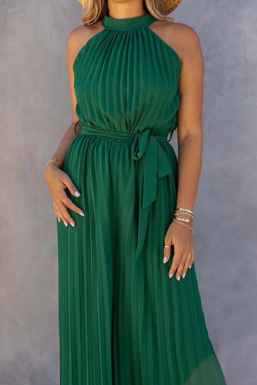 Women's Halter Neck Pleated Wide Leg Jumpsuit