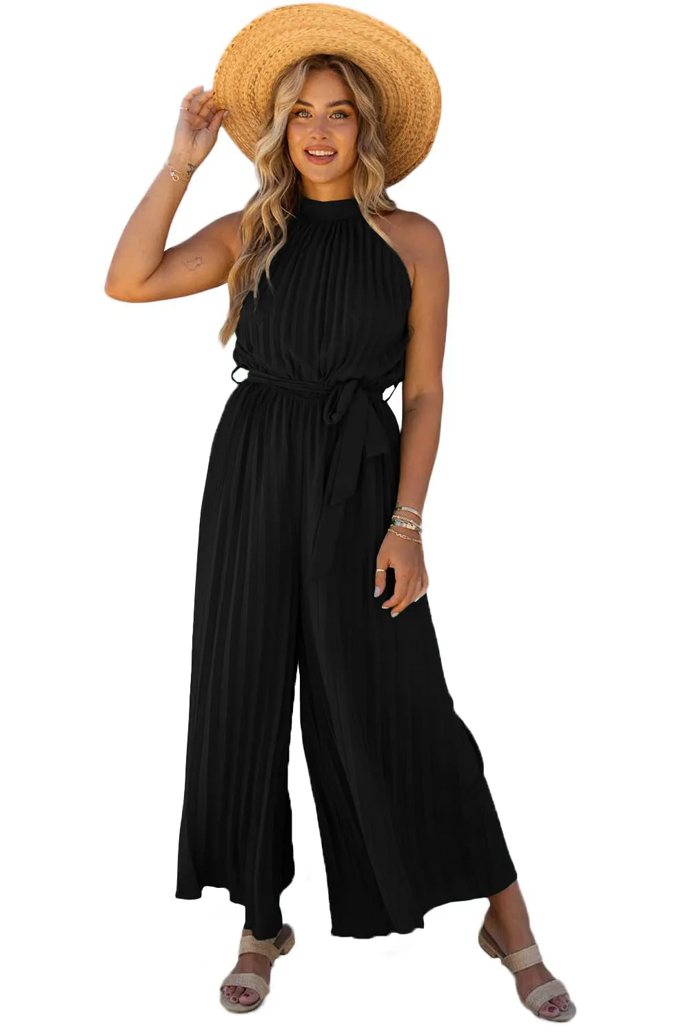 Women's Halter Neck Pleated Wide Leg Jumpsuit
