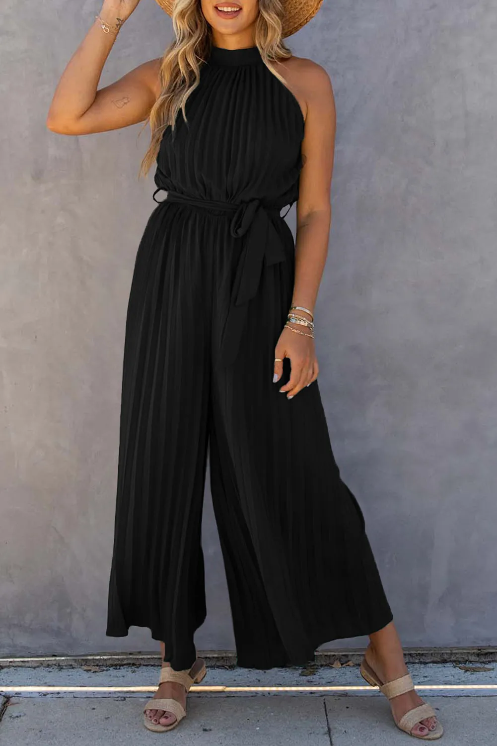 Women's Halter Neck Pleated Wide Leg Jumpsuit
