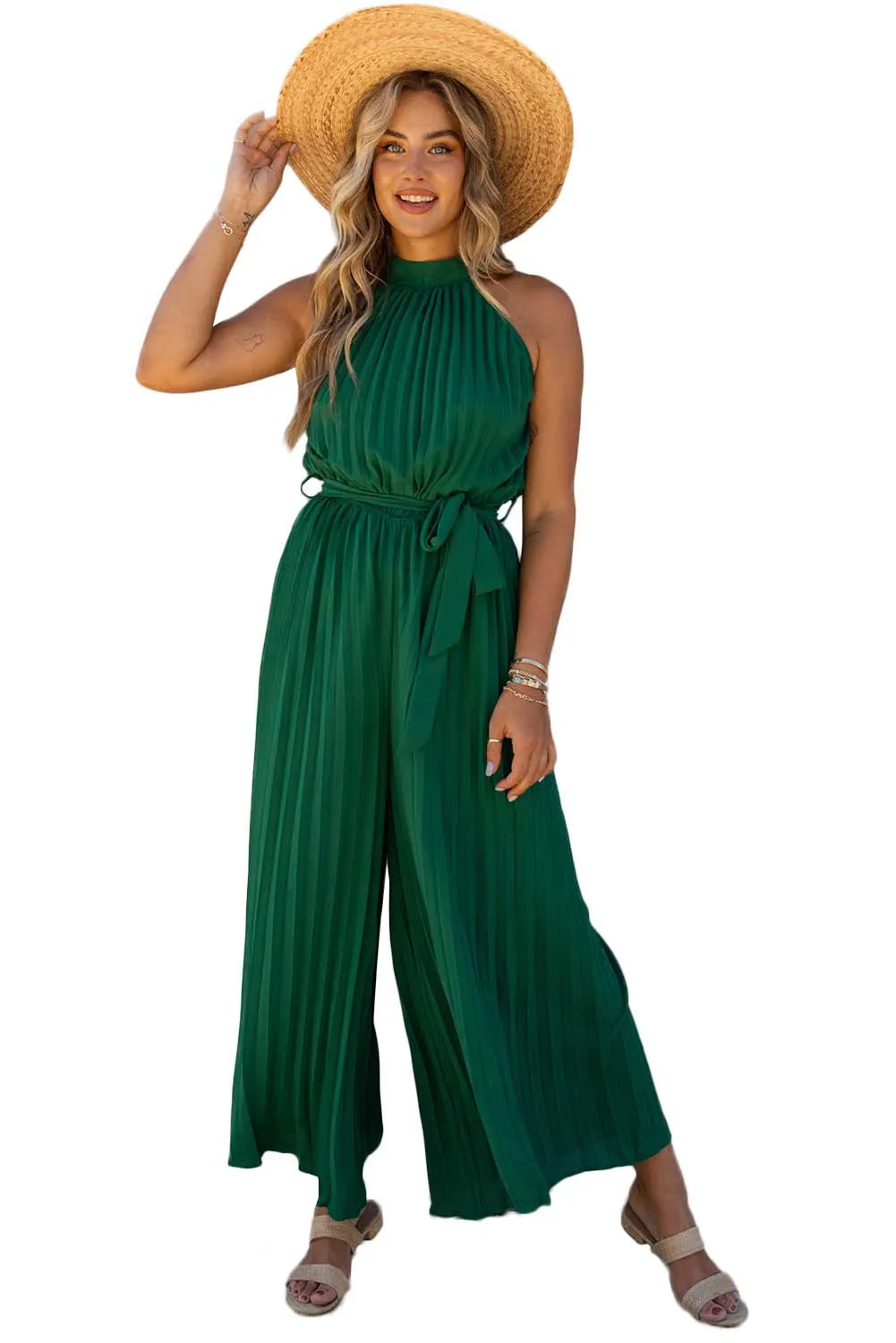 Women's Halter Neck Pleated Wide Leg Jumpsuit