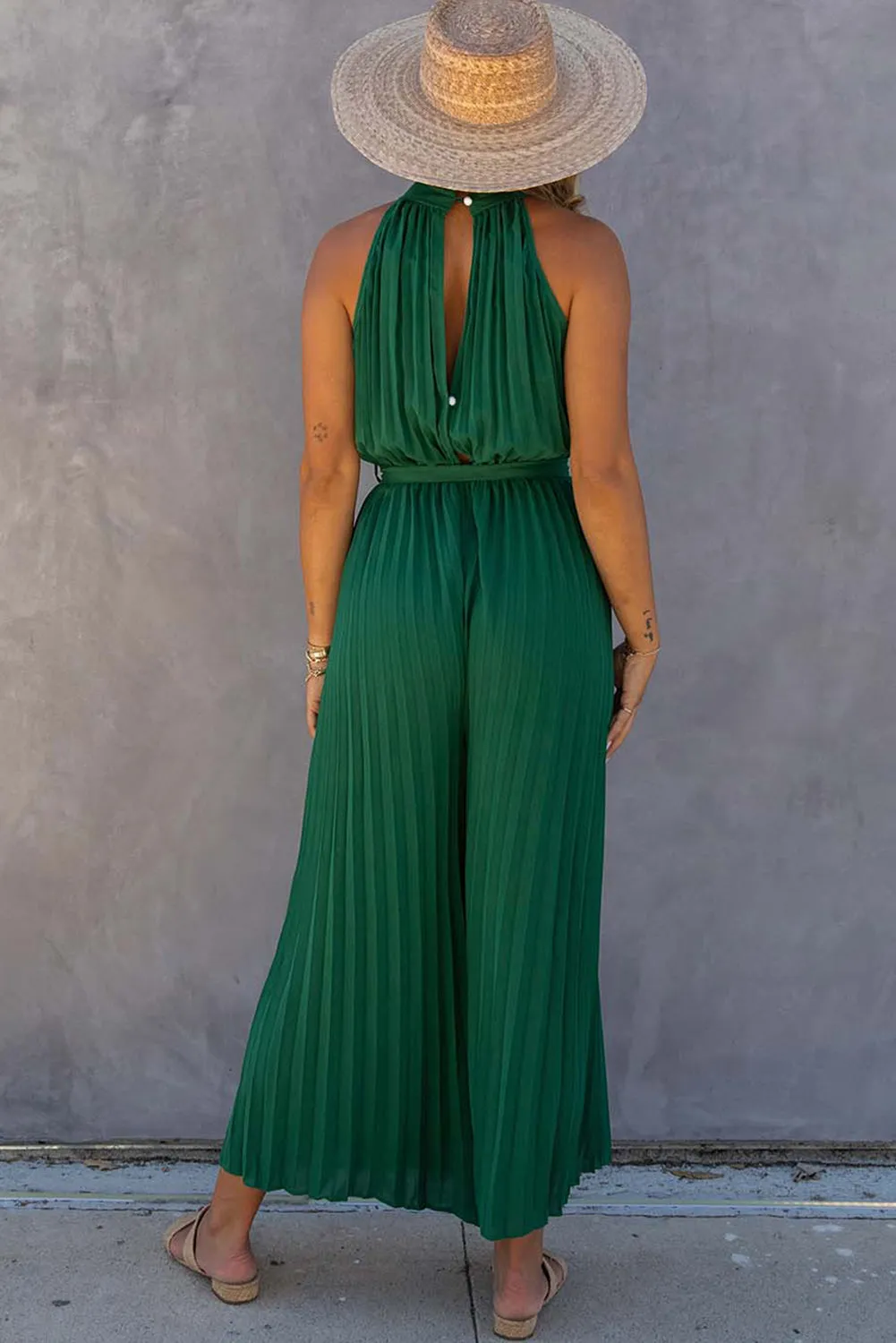 Women's Halter Neck Pleated Wide Leg Jumpsuit