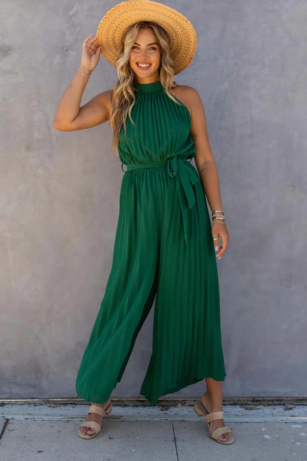 Women's Halter Neck Pleated Wide Leg Jumpsuit