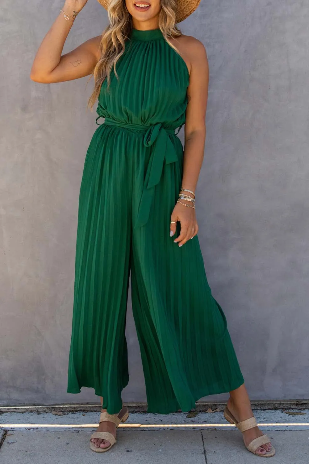Women's Halter Neck Pleated Wide Leg Jumpsuit