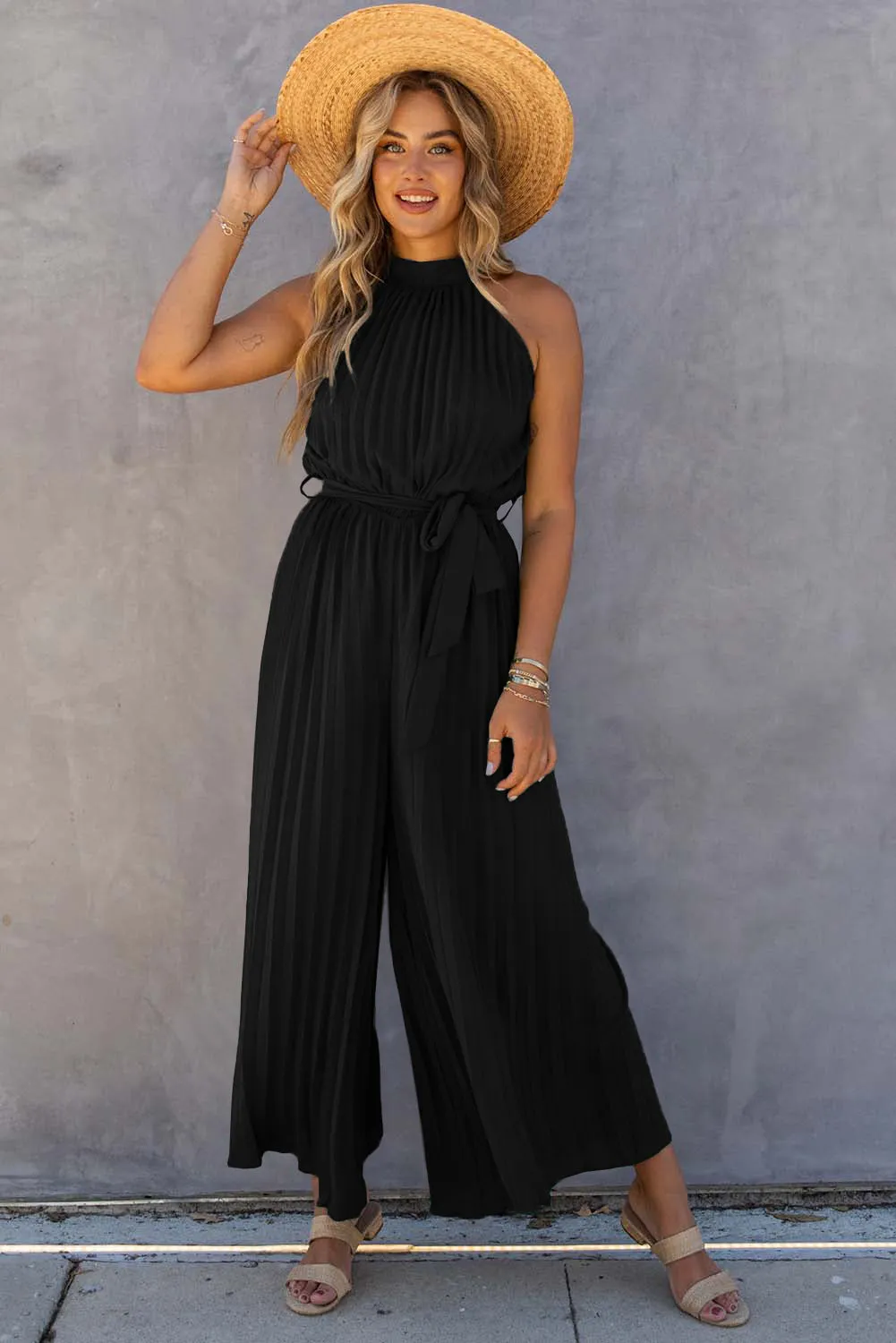 Women's Halter Neck Pleated Wide Leg Jumpsuit