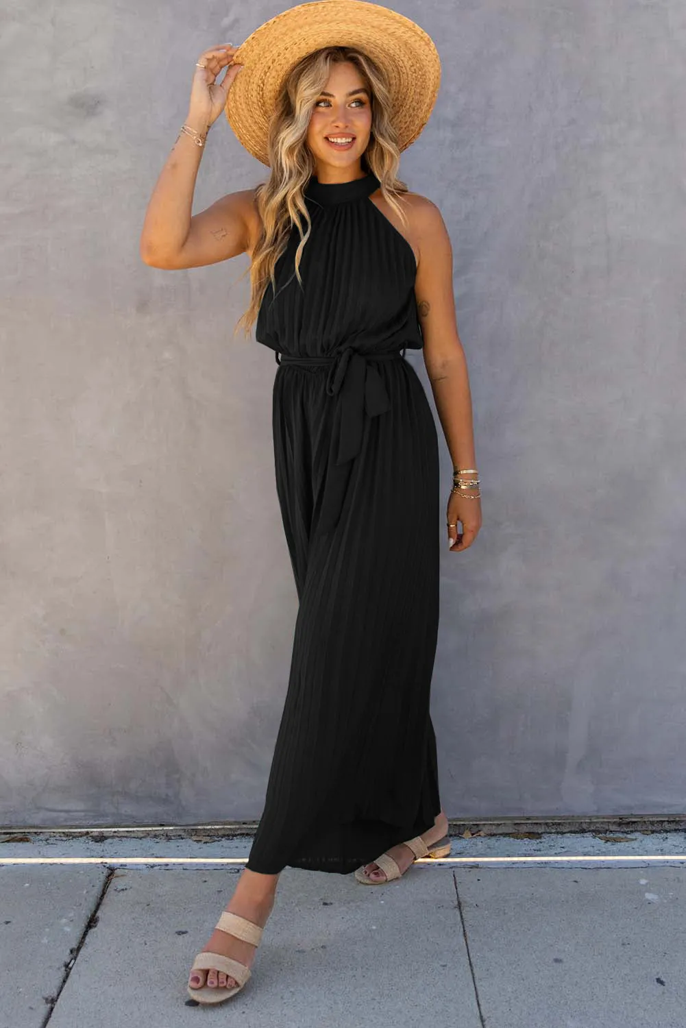 Women's Halter Neck Pleated Wide Leg Jumpsuit