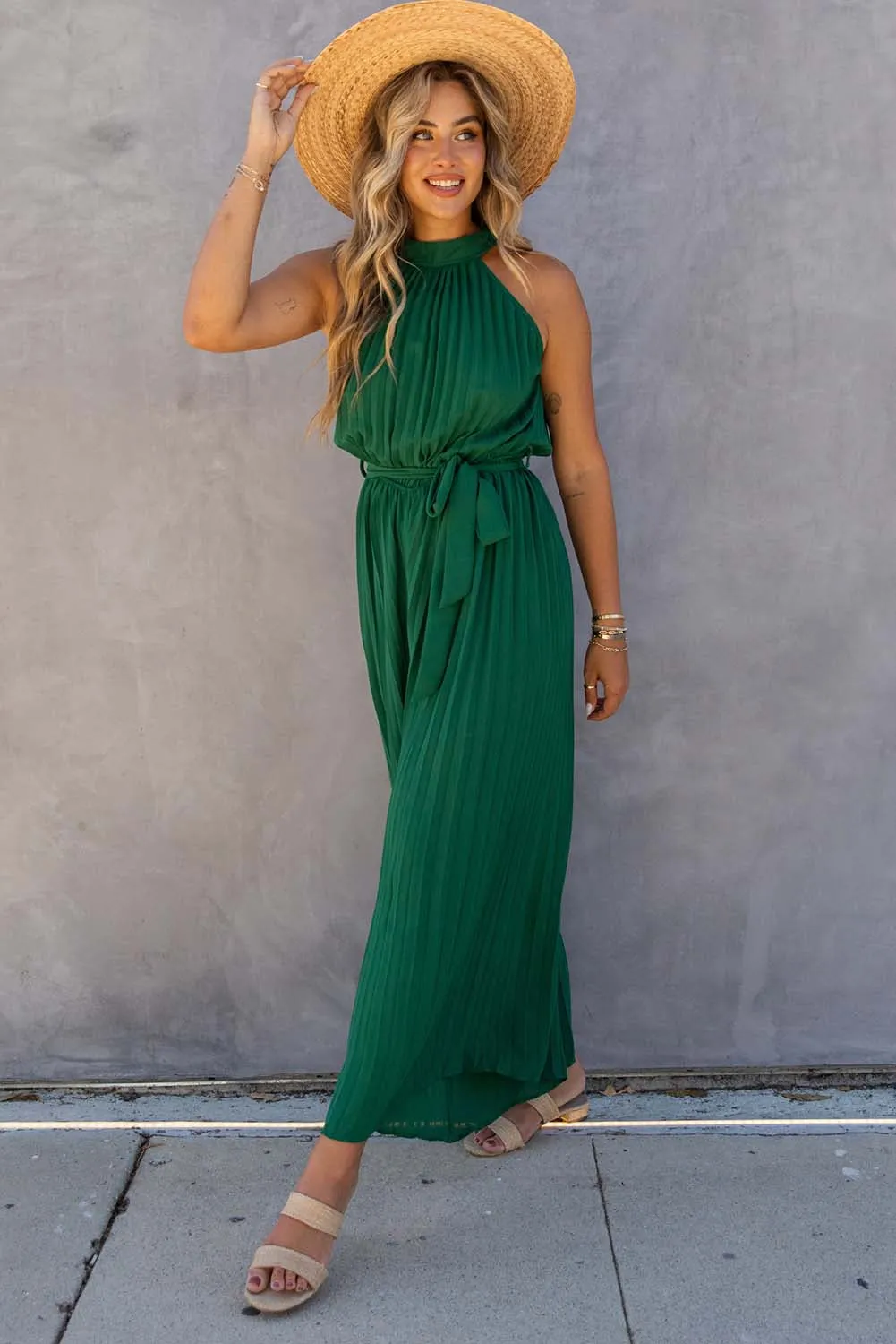 Women's Halter Neck Pleated Wide Leg Jumpsuit