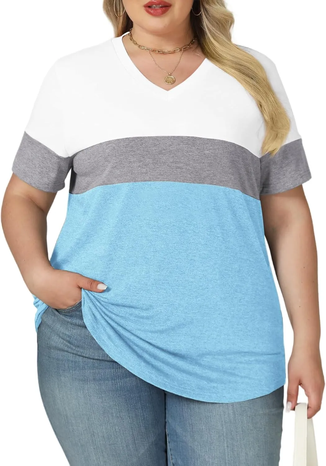 Womens-Plus-Size-Tops Summer Short Sleeve Casual V Neck Tunics Trendy Color Block Fashion T Shirts