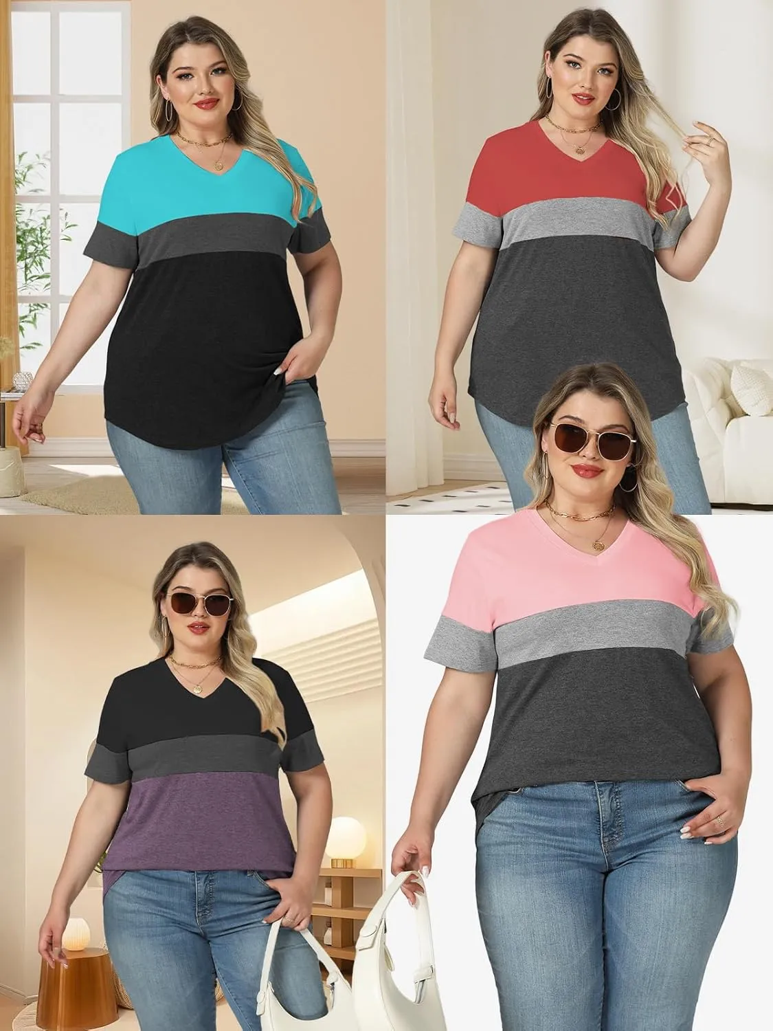 Womens-Plus-Size-Tops Summer Short Sleeve Casual V Neck Tunics Trendy Color Block Fashion T Shirts