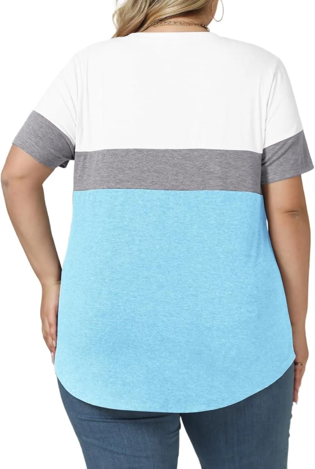 Womens-Plus-Size-Tops Summer Short Sleeve Casual V Neck Tunics Trendy Color Block Fashion T Shirts
