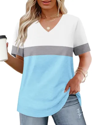 Womens-Plus-Size-Tops Summer Short Sleeve Casual V Neck Tunics Trendy Color Block Fashion T Shirts