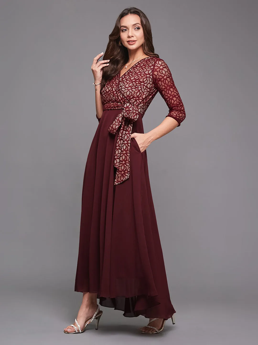 Women's Wine V-Neck 3/4 Sleeve Floral Wrap Georgette Maxi Dress