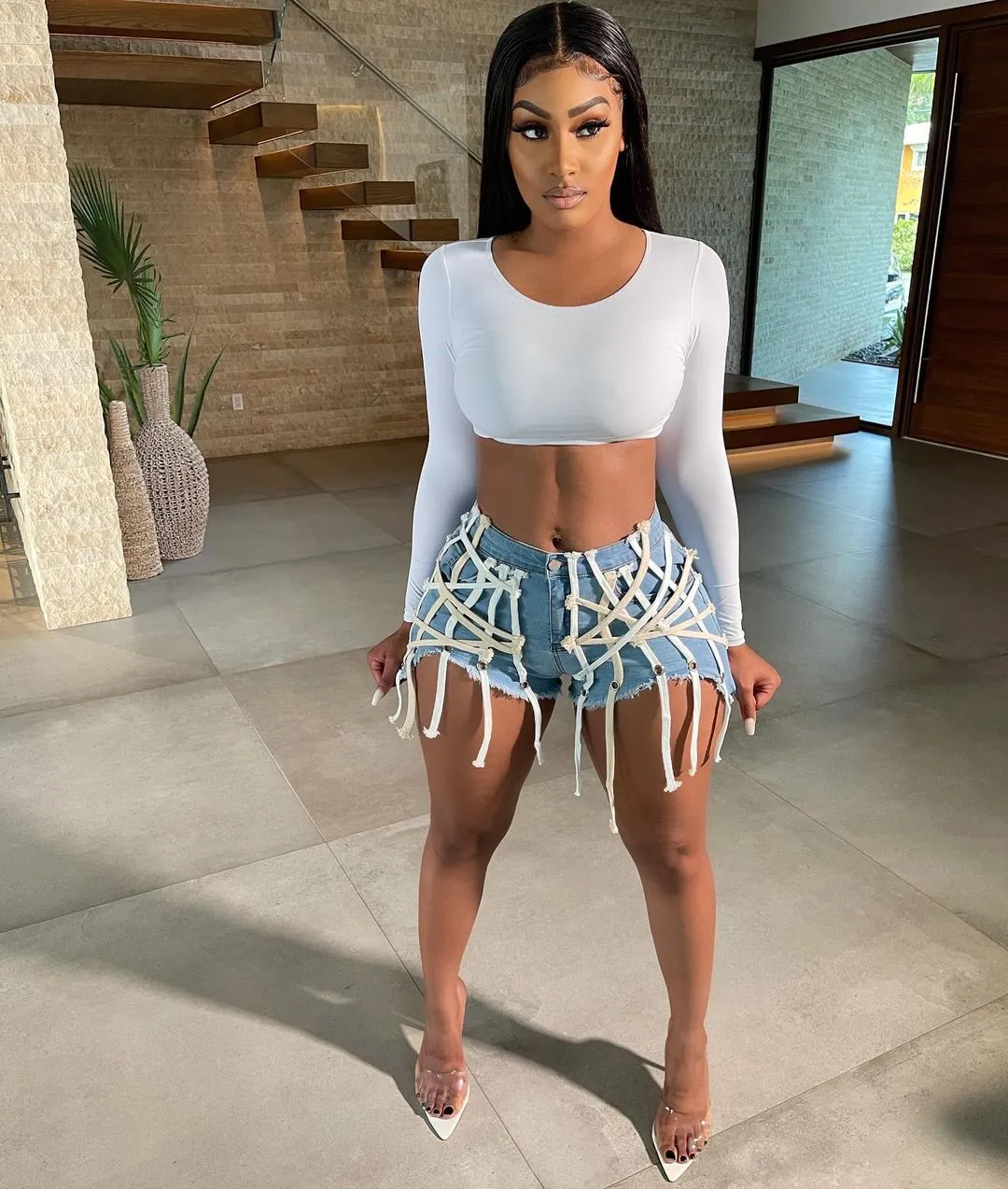 Womens's High Waist Short Jeans Eyelet Bandage Derocation Shorts