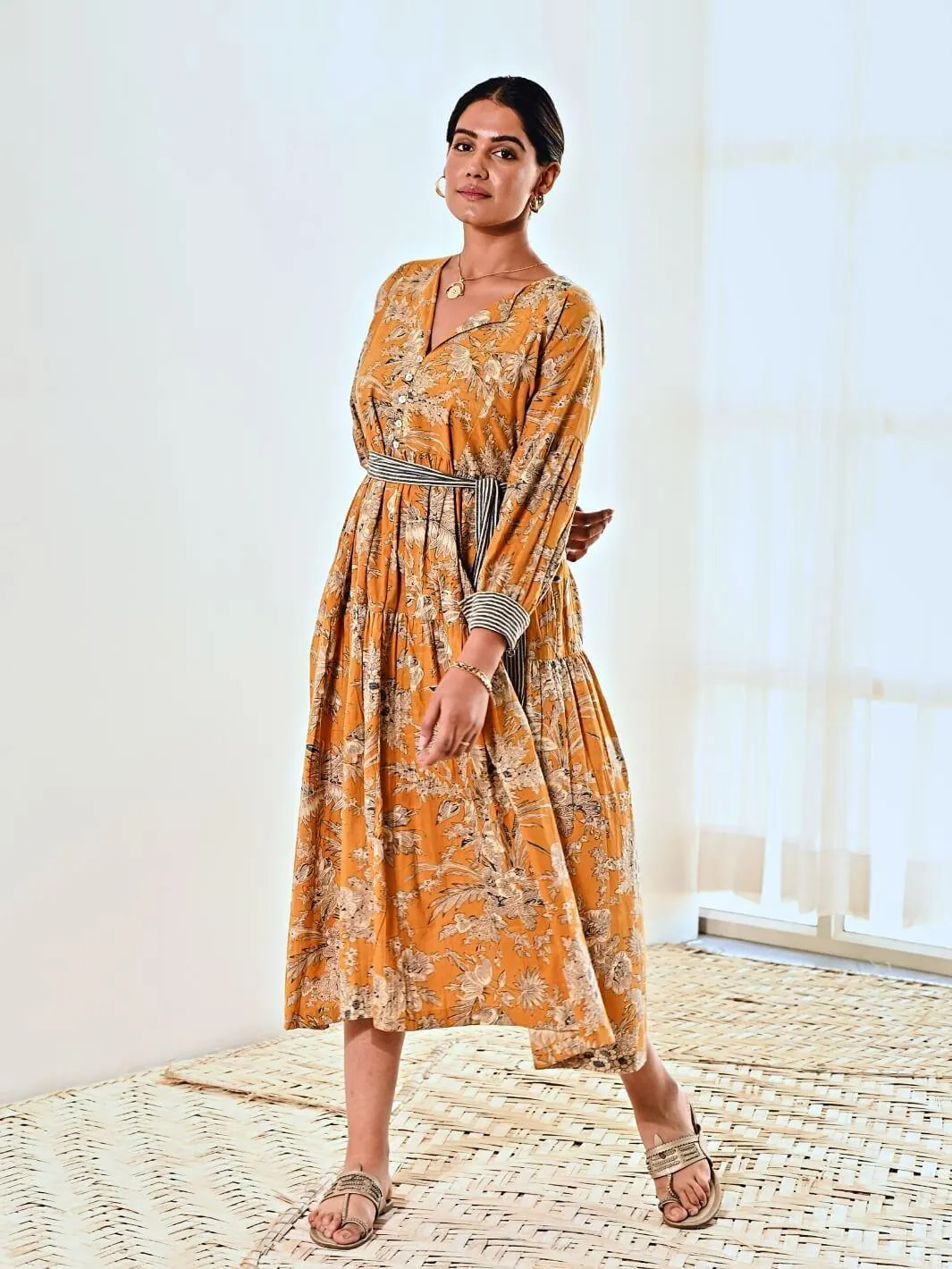 Yellow Cotton Floral Print Maxi Long Dress with Belt