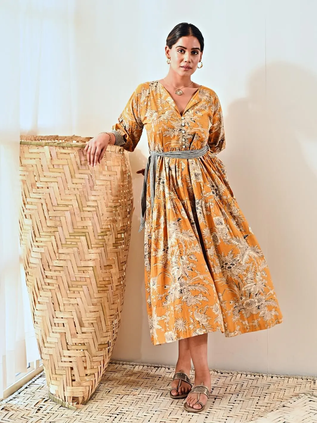 Yellow Cotton Floral Print Maxi Long Dress with Belt